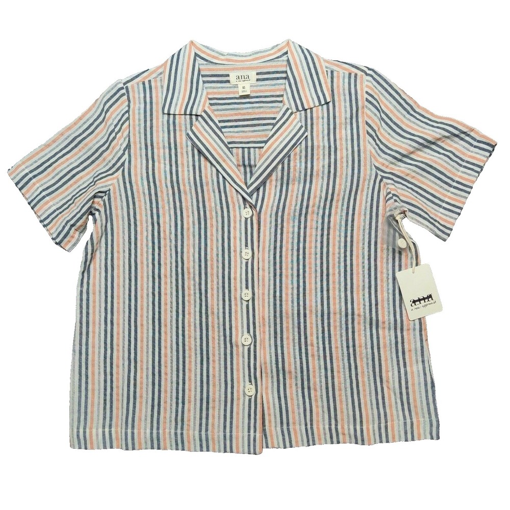a.n.a Women XS Multi-Stripe Button Up Short Sleeve Cotton Rayon Blend Top NEW